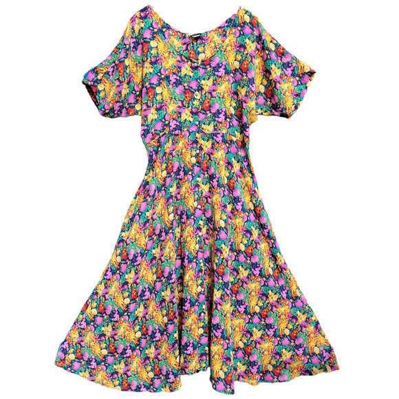 Vintage Cher Jacque Bright Floral Short Sleeve Pearl Button Up Sheer Shirt Dress - Picture 1 of 10